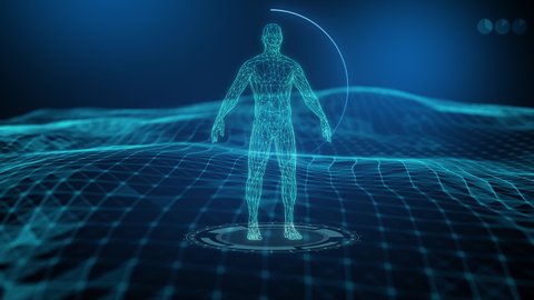 3D animation of low poly rotating male body and brain data analysis in blue background. Futuristic medical technology concept.