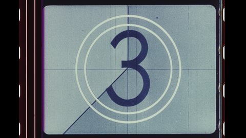 Countdown Leader, Picture Start. 4K Overscan of 16mm Film Showing Frame Lines. Full Color Countdown from 8 to 2. Scratched Emulsion, Handwritten Film
