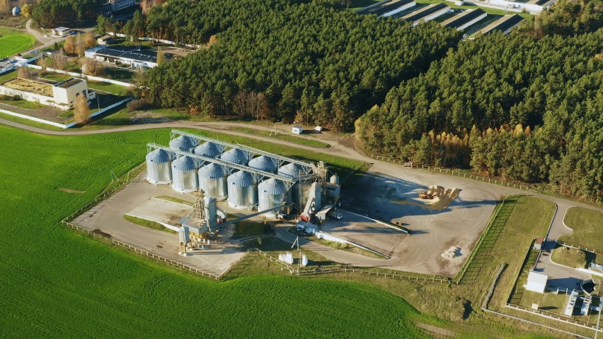 Aerial View Modern Granary, Grain-drying Complex, Commercial Grain Or Seed Silos And chicken farm In Sunny Rural Landscape. Corn Dryer Silos, Inland Grain Terminal, Grain Elevators In Field 4K. Royalty-Free Stock Footage #1071967333