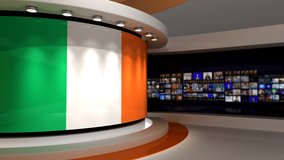 TV studio. Ireland. Irish flag. News studio. Loop animation. Background for any green screen or chroma key video production. 3d render. 3d 