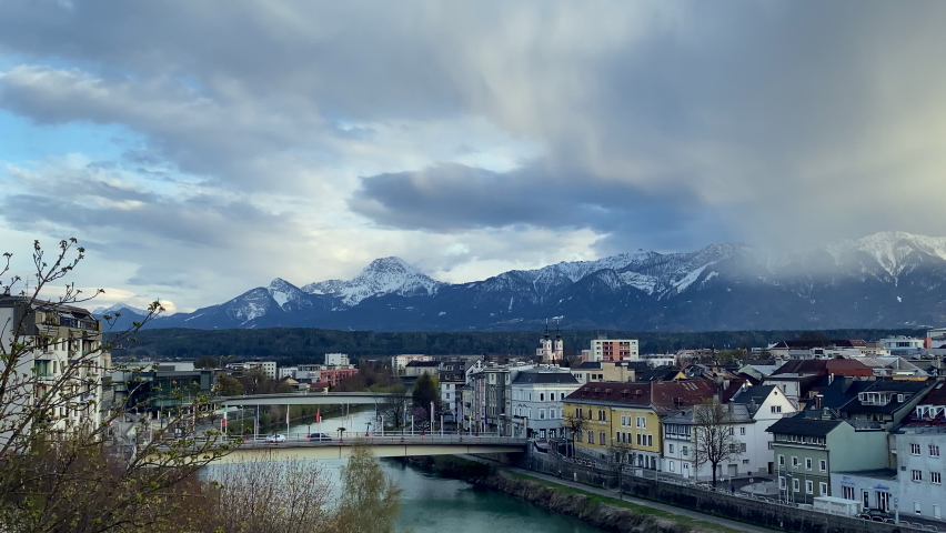 Panorama of the old Austrian town of Villach in Carinthia overlooking the river and the old town