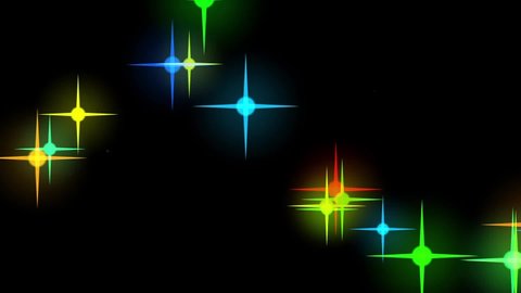 Abstract flight of multicolored stars and blue snowflakes in outer space. Close-up. Beautiful decoration of a holiday, disco, festival. Isolated black background.