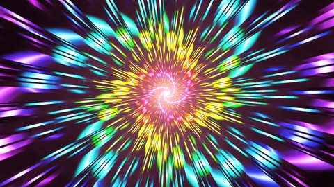 Vivid straight abstract particles revolving, making  varicolored pattern. Spiral rotation of colorful fractal rays on black background. 4K UHD 4096x2304 ultra high definition