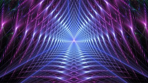 Tunnel with blue, purple moving fractal shapes on dark. Metallic grids transforming, radiating from centre and forming portal. Surreal futuristic background with latticework elements. 4K UHD 4096x2304