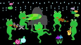 Frogs are singing and playing in the rain.
