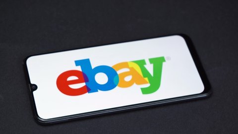 ebay logo displayed on the phone screen. Moscow Russia May 5, 2021