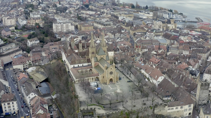 The romantic village Neuchâtel located on the beautiful lake during the winter season in the swiss alpine landscape, Switzerland, Europe.