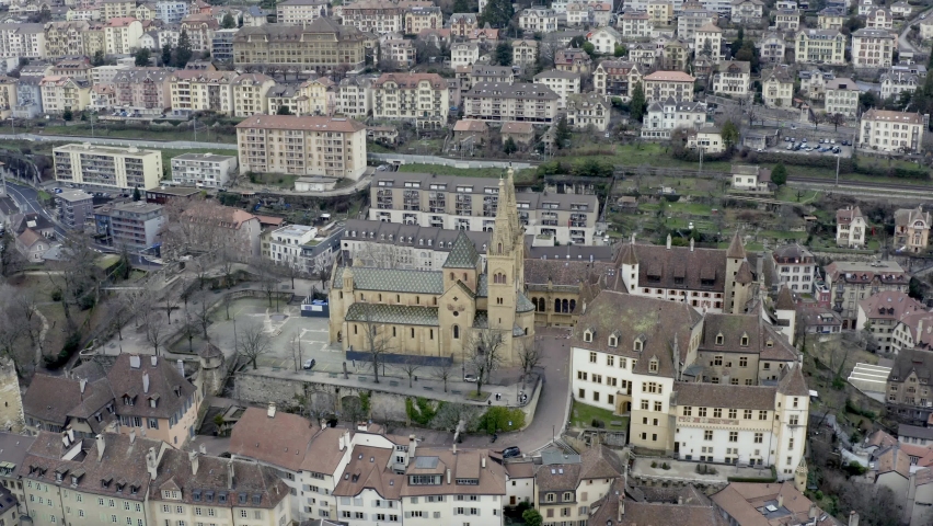 The romantic village Neuchâtel located on the beautiful lake during the winter season in the swiss alpine landscape, Switzerland, Europe.