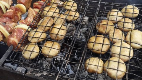 Shish Kebab And Mushrooms Are Cooked On The Grill In Nature