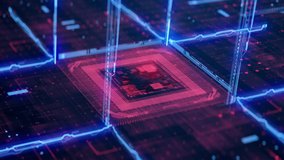 Technology Background CPU Circuit. 3D visualization AI Processor Power. Colorful Red and Blue Digitalization Process. Data Transmission in Futuristic Board Chip Virtual Computer Animation Closeup 4K - Powered by Shutterstock - Get 15% off with code: PIKWIZARD15