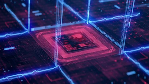 Technology Background CPU Circuit. 3D visualization AI Processor Power. Colorful Red and Blue Digitalization Process. Data Transmission in Futuristic Board Chip Virtual Computer Animation Closeup 4K