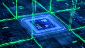 Futuristic Technology Background CPU Circuit. 3D Visualization AI Processor Power. Colorful Blue and Green Digitalization Process. Data Transmission in Board Chip Virtual Computer Animation Closeup 4K - Powered by Shutterstock - Get 15% off with code: PIKWIZARD15