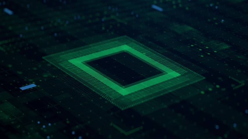 Futuristic Technology Background CPU Circuit. 3D visualization AI Processor Power. Colorful Green and Blue Digitalization Process. Data Transmission in Futuristic Board Chip Virtual Computer Animation | Shutterstock HD Video #1072016770