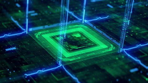 Futuristic Technology Background CPU Circuit. 3D visualization AI Processor Power. Colorful Green and Blue Digitalization Process. Data Transmission in Futuristic Board Chip Virtual Computer Animation