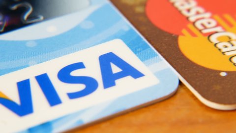 Dnipro Ukraine - 05 04 2021: Visa credit card vs Mastercard, plastic bank card, credit or debit cards of various payment systems
