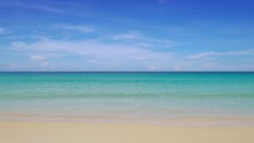 Phuket beach sea sand and sky. Professional video Landscape view of beach sea in summer day. Beach space area. At Karon Beach, Phuket, Thailand. On 01 May 2021. 4K UHD. Video Clip