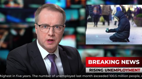 TV studio news male anchor presenter talking breaking news about falling living standards and rising unemployment