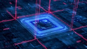 Technology Background Futuristic CPU Circuit. 3D Visualization AI Processor Power. Colorful Blue Red Bright Digitalization Process. HUD Data Transmission in Board Chip Virtual Computer Animation 4k - Powered by Shutterstock - Get 15% off with code: PIKWIZARD15