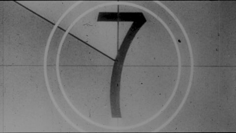 Countdown Leader, Picture Start. 4K Scan of 35mm Film Showing Frame Lines. Vintage Black and White Universal Countdown Leader. Old Film Effect Countdown from 8 to 2. 