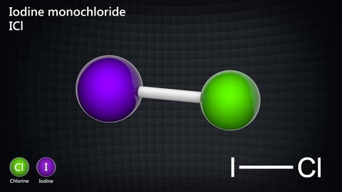 Iodine monochloride is an interhalogen compound with the formula ICl or ClI. 3D render. Seamless loop. Chemical structure model: Ball and Stick.