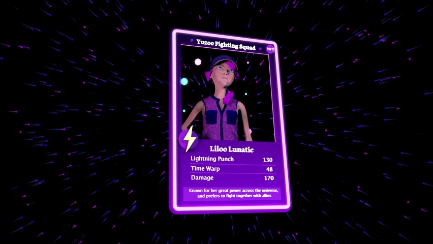 NFT digital collectible card -  A non fungible token with animated action hero lady in 3d. Blockchain valuable concept. 3d render animation. Royalty-Free Stock Footage #1072045126