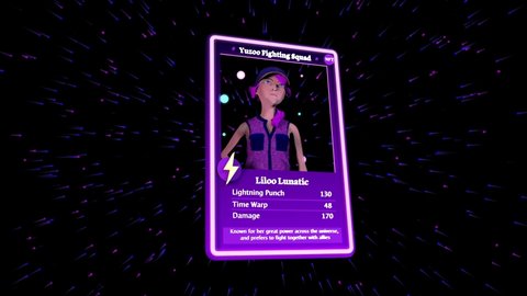 NFT digital collectible card -  A non fungible token with animated action hero lady in 3d. Blockchain valuable concept. 3d render animation.