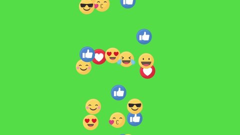 CHERNIHIV, UKRAINE - MAY 2021: Social media positive emoji, animation coming in from bottom on green chroma key, messenger concept for compositing and motion design.