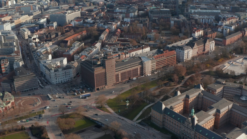 Aerial view of Hamburg city center skyline with Elbphilharmonie and St Nikolai Memorial