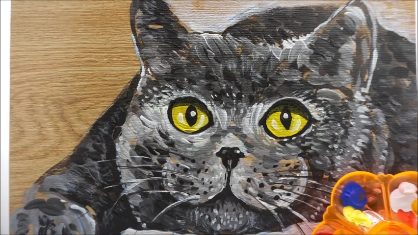professional artist hand painted original impressionism masterpieces painter contemporary art oil painting drawn equipment for painting hobby activity at home beautiful cute black cat and whisker face paintbrush mixing palette fragment of artwork academy of art