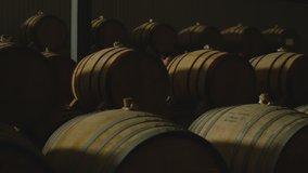 Aged wooden barrels with a wine , brandy or whiskey in a big warehouse . Dolly , gimbal movement a long row of wine barrels at a vintage winery with alcohol . Wine preparation and fermenting process - Powered by Shutterstock - Get 15% off with code: PIKWIZARD15