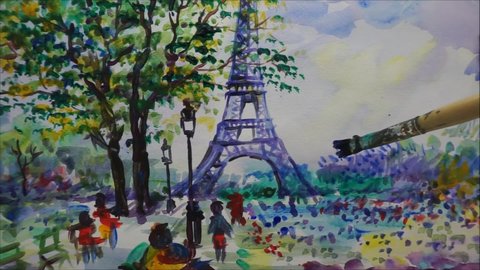 Art painting Hand drawn Watercolor  Eiffel tower  with , trees, pathway  Paris