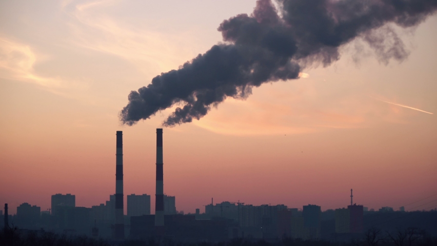 Power Plant in the City at Sunset Air Emission Pollution Concept Royalty-Free Stock Footage #1072065127