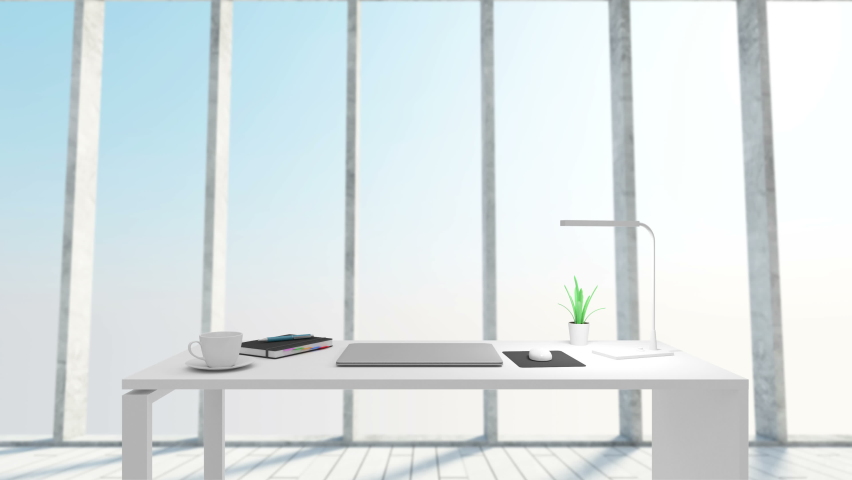 4K Animation of Camera Zooming into Laptop Screen in Modern Ofice Interior with Workplace