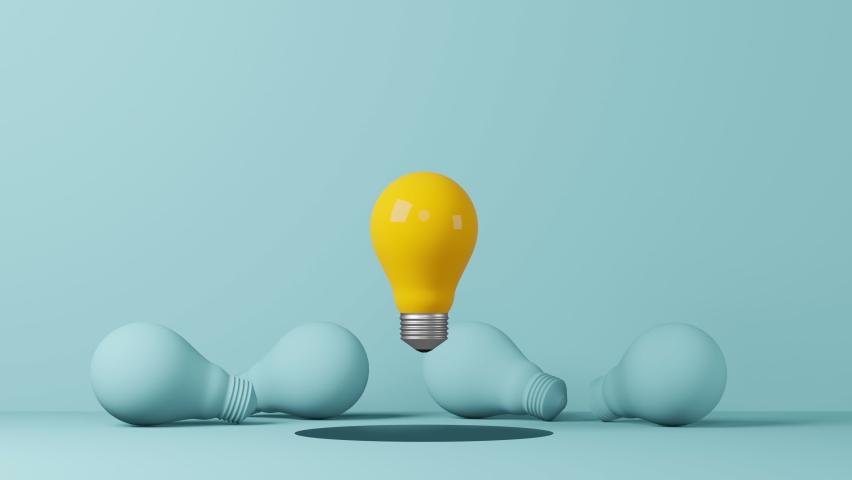 Light bulb yellow floating outstanding among lightbulb light blue on background. Concept of creative idea and innovation, Think different, Individual and standing out from the crowd. 3d animation