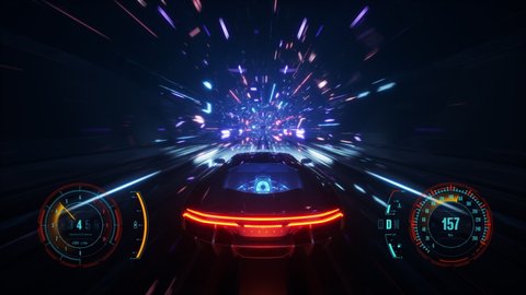 4K looped Speed racing fake 3D Video game with HUD. Neon tunnel
