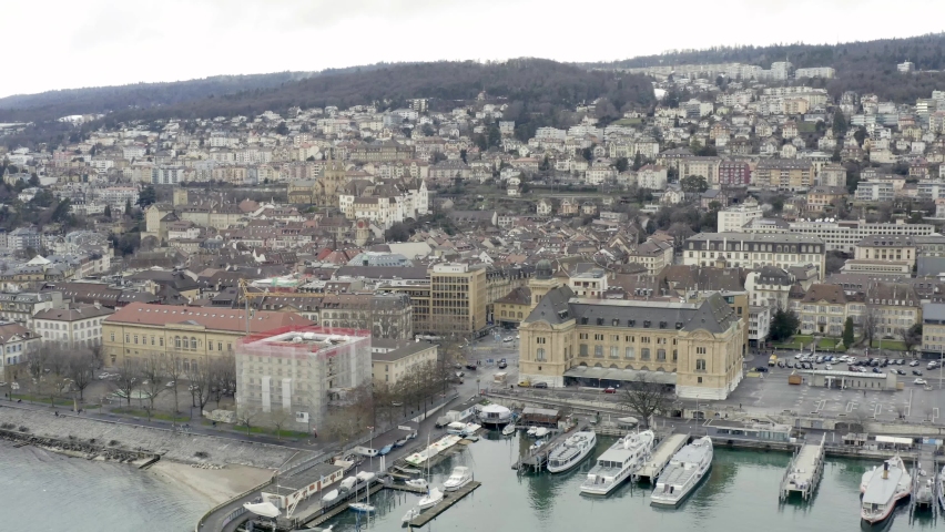 The romantic village Neuchâtel located on the beautiful lake during the winter season in the swiss alpine landscape, Switzerland, Europe.