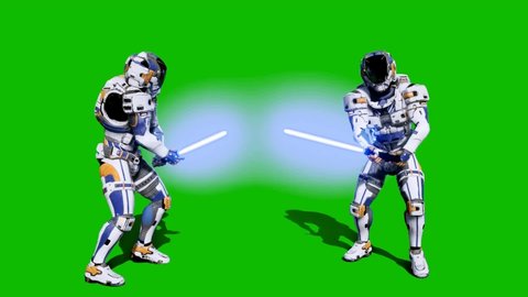 Astronaut-soldier of the future fighting with a lightsaber in front of a green screen