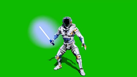 Astronaut-soldier of the future fighting with a lightsaber in front of a green screen 