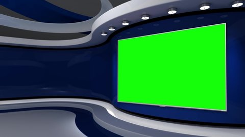 Tv studio. News room. Studio Background. Blue. Newsroom bakground. Control room. Backdrop for any green screen or chroma key video production. Blurred of studio at TV station. Loop. 3D rendering. 