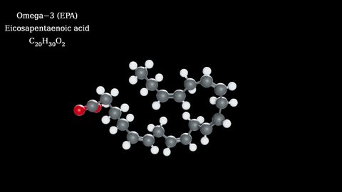 Omega-3 (EPA) fatty acid 3D model. 20 carbon atoms and 5 cis double bonds, rotation is around the (n-3) final double bond position. (with Alpha transparency).