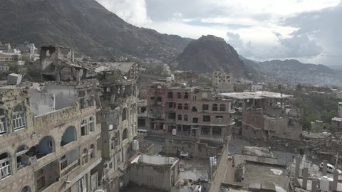 Taiz  Yemen - 03 May 2021: erial photography of houses destroyed due to the violent war in Taiz, Yemen