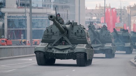 Moscow, Russian Federation, 05.07.2021: rehearsal of the parade of military equipment dedicated to the Victory Day 9 may on the central streets of the city