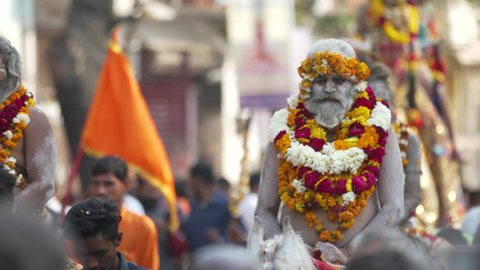 Haridwar, Uttarakhand. India- March 5, 2021- Indian sadhus coming to Kumbh Mela, Royal welcome. Ash covered Sadhus playing drums, Appleprores 422 Cinetone 60fps. High-quality 4k footage