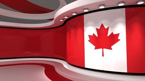 TV studio. Canada. Canada flag. News studio.  Loop animation. Background for any green screen or chroma key video production. 3d render. 3d 