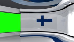 TV studio. Finland. Finnish flag background. News studio.  Loop animation. Background for any green screen or chroma key video production. 3d render. 3d 
