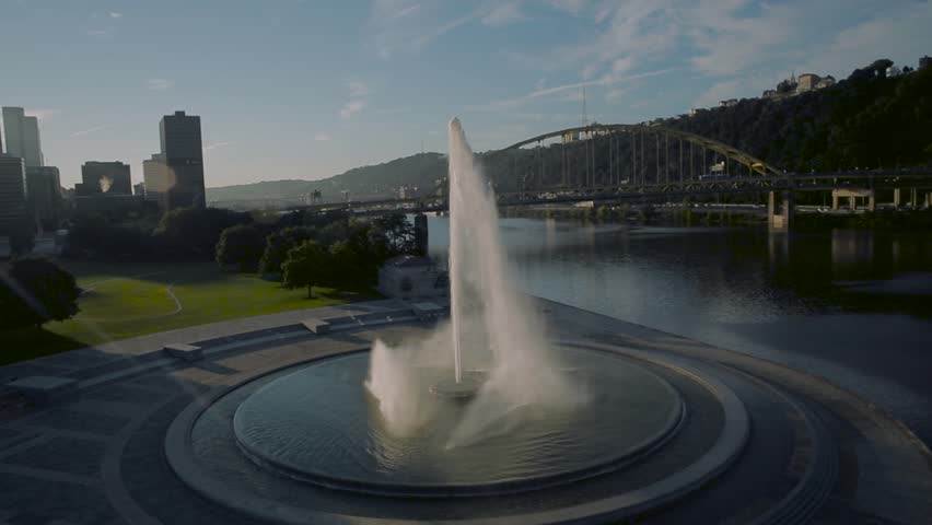 A wrap-around of the fountain at Point State Park in Pittsburgh, Pennsylvania at sunrise.