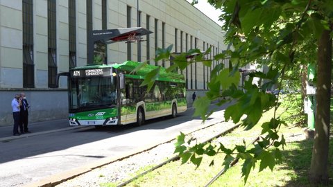 Europe, Italy , Milan May 2021, new technological electrical station for the supply of clean energy during the public bus stop in Viale Zara