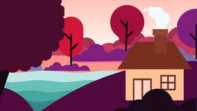 Animation of tropical mountain with small wood house. Flat design video clip in High resolution.