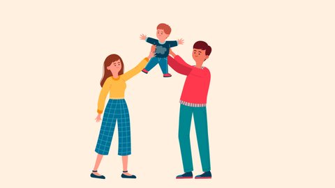 Vector Illustration video of a happy family together. looping illustration, family playing with their child. white background.