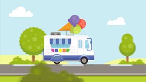 Animated Ice cream delivery van running on road at high speed. Flat design cartoon video clip.